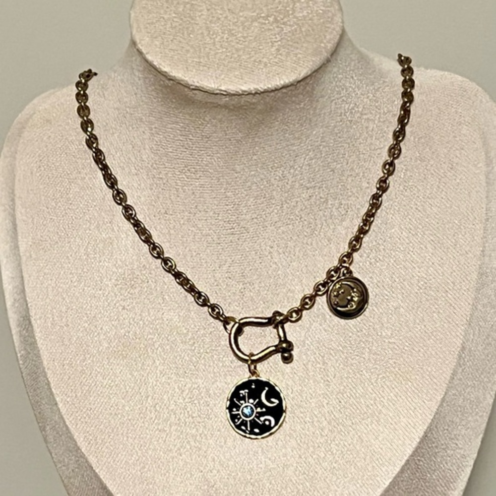 Celestial Moon & Star Toggle Gold Necklace with Blue Gem and Charm Pendants